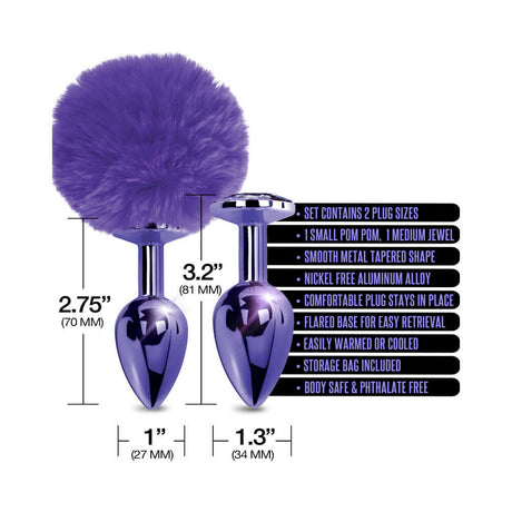 NIXIE Metal Butt Plug Set Pom Pom & Jewel-Inlaid Purple showcasing two plugs with purple pom pom and jewel details.