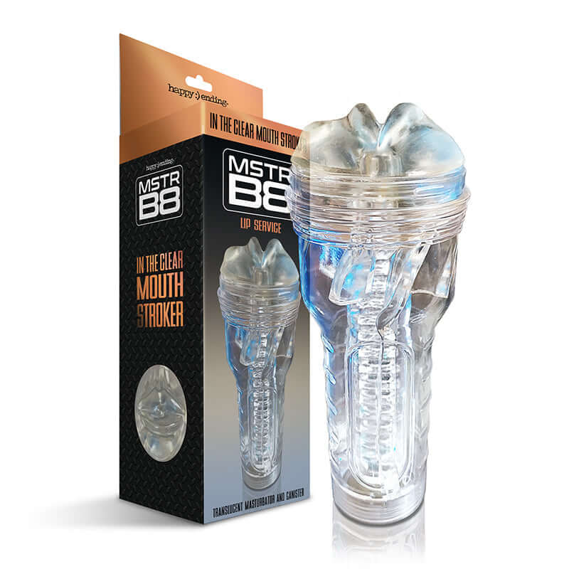 Happy Endings MSTR B8 In The Clear Mouth Stroker with packaging showcasing its translucent design.