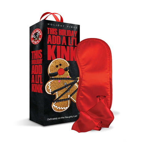 Naughty List Gift Add A Lil Kink Set With Storage Bag featuring gingerbread man design and red satin blindfold.