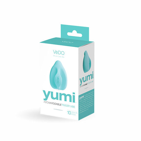 Vedo Yumi Rechargeable Finger Vibe Tease Me Turquoise packaging with ergonomic design for hands-free control.