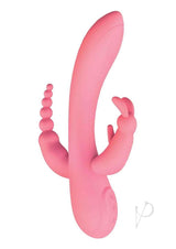 The Beat Trifecta Triple Stimulation Rabbit Vibrator Pink with sleek design and dual stimulators for enhanced pleasure.