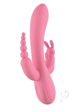 The Beat Trifecta Triple Stimulation Rabbit Vibrator Pink showcasing its sleek design and bunny stimulator feature.