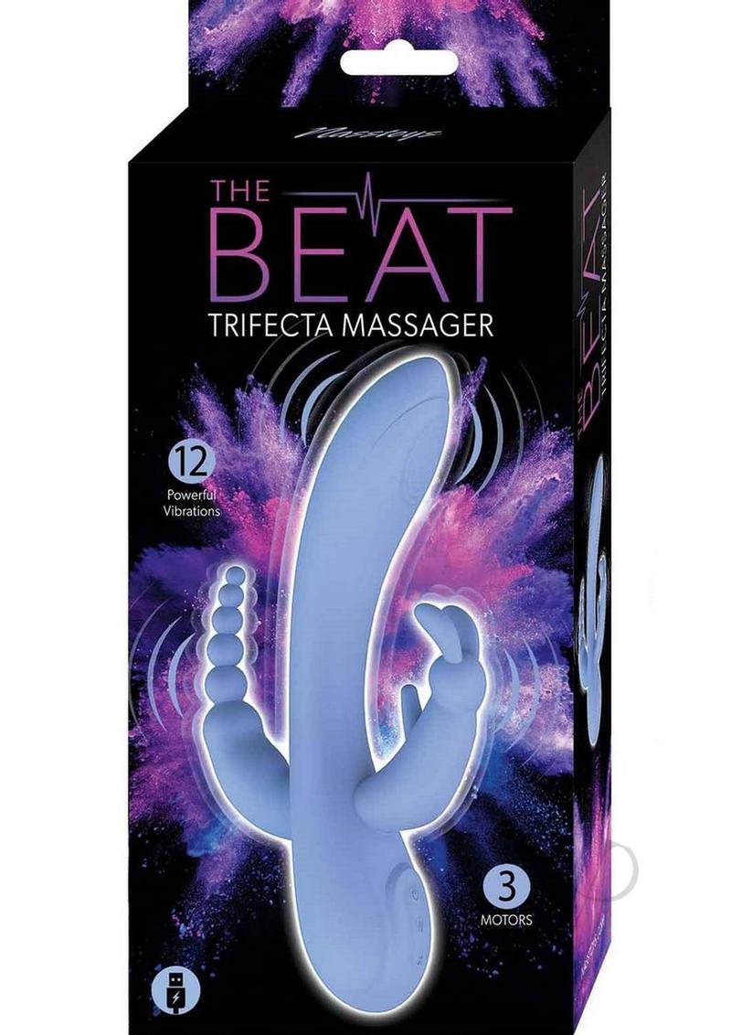 The Beat Trifecta Triple Stimulation Rabbit Vibrator Violet packaging showcasing design and features.