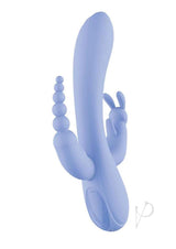 The Beat Trifecta Triple Stimulation Rabbit Vibrator Violet displayed side view showcasing its sleek design and features.