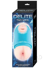 Delite Two Ways Mouth and Ass Masturbator Vanilla/Blue packaging featuring warm mouth and tight ass design.