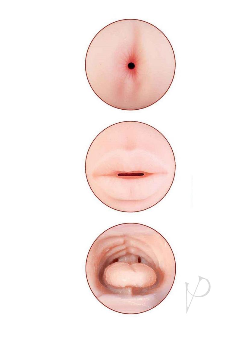 Delite Two Ways Mouth and Ass Masturbator Vanilla/Blue textured openings showcasing dual sensations.