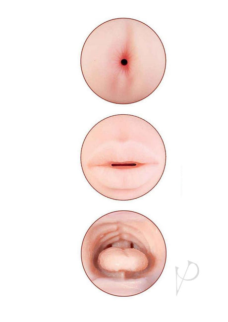 Delite Two Ways Mouth and Ass Masturbator Vanilla/Blue textured openings showcasing dual sensations.