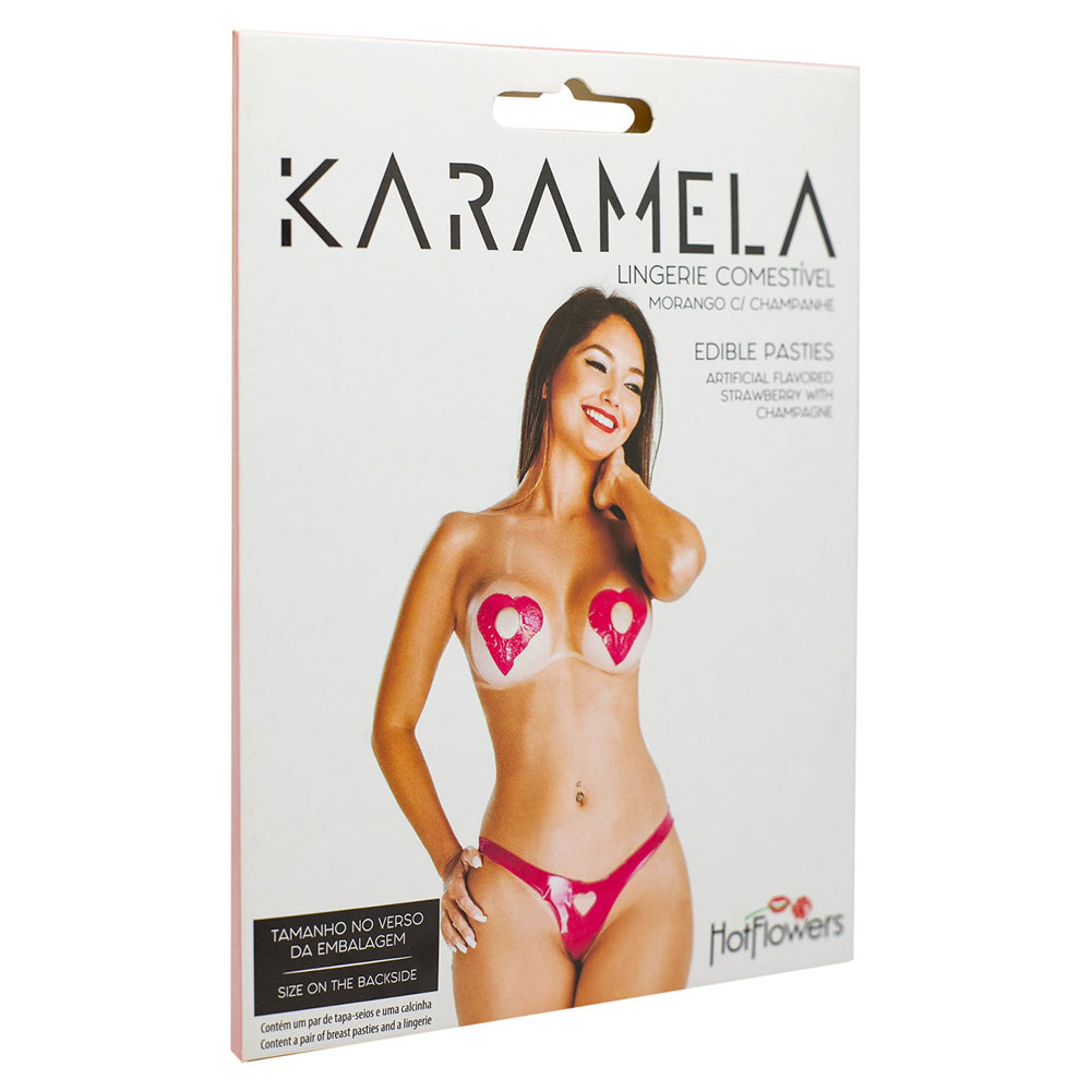 Edible Lingerie Karamela Strawberry Mix Plus Size with heart-shaped pasties and a playful design.