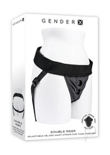 Gender X Double Rider Harness with Vibrating Ring Black packaging on a mannequin, featuring adjustable straps for comfort.