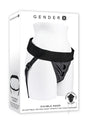 Gender X Double Rider Harness with Vibrating Ring Black packaging on a mannequin, featuring adjustable straps for comfort.