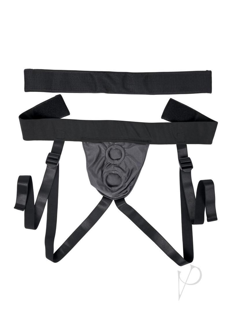 Gender X Double Rider Harness with Vibrating Ring Black, a versatile harness with two toy spaces for shared play.