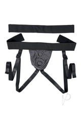 Gender X Double Rider Harness with Vibrating Ring Black, a versatile harness with two toy spaces for shared play.