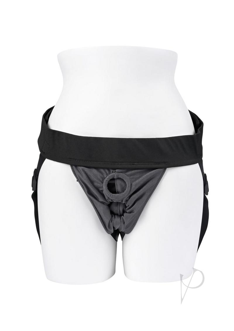 Gender X Double Rider Harness with Vibrating Ring Black displayed on a mannequin, showcasing its design and features.