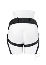 Gender X Double Rider Harness with Vibrating Ring Black displayed on a mannequin's back.