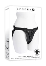 Gender X Pleasure Harness Black – Stylish faux-leather strap-on harness with adjustable straps for comfort.