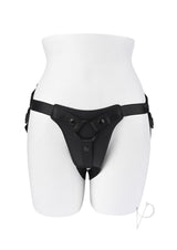 Black Gender X Pleasure Harness Black on a mannequin, featuring adjustable straps and a sturdy strap-on ring.