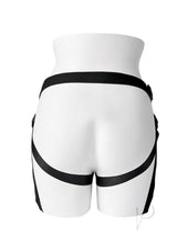 Gender X Pleasure Harness Black showcasing adjustable straps and stylish faux-leather design on a mannequin.
