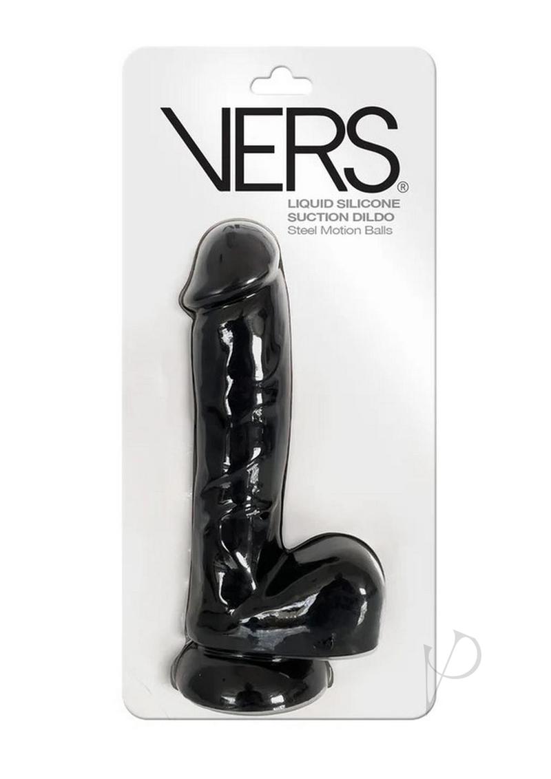 VERS Liquid Silicone Suction Dildo Black in packaging with steel motion balls for hands-free pleasure.