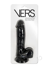 VERS Liquid Silicone Suction Dildo Black in packaging with steel motion balls for hands-free pleasure.