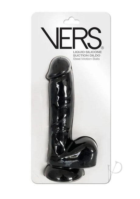 VERS Liquid Silicone Suction Dildo Black in packaging with steel motion balls for hands-free pleasure.