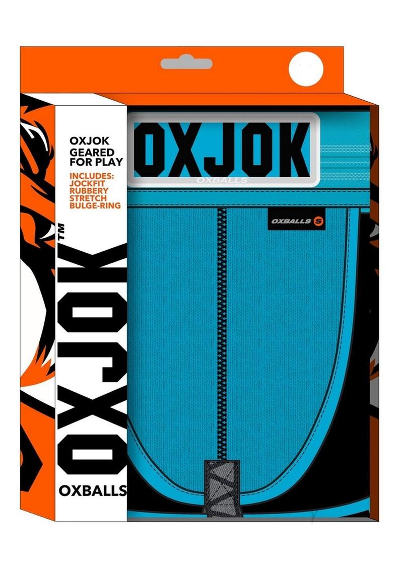 Oxballs Slingjock Slider Jock Strap Pool Blue Large packaging, showcasing the vibrant blue color and branding.