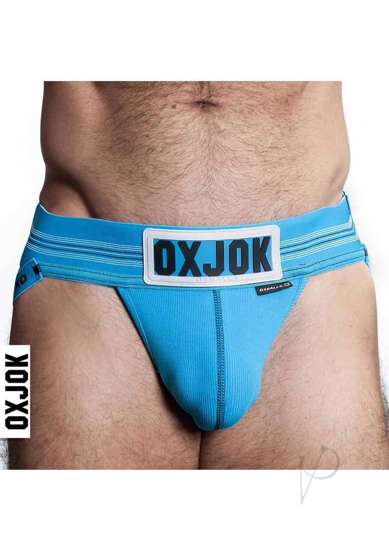 Oxballs Slingjock Slider Jock Strap Pool Blue Large showcasing the soft-rib pouch and slider-strap design.
