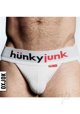 Hunker Comfy Pouch Slider-Strap Jock White Snow Small showcasing a snug fit and ribsoft tri-fold pouch design.