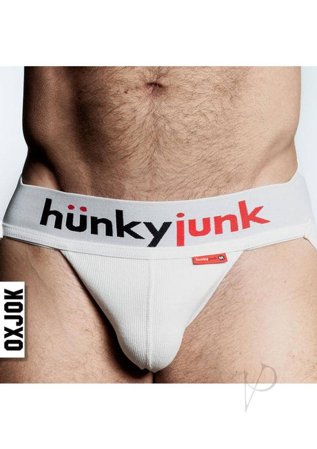 Hunker Comfy Pouch Slider-Strap Jock White Snow Small showcasing a snug fit and ribsoft tri-fold pouch design.
