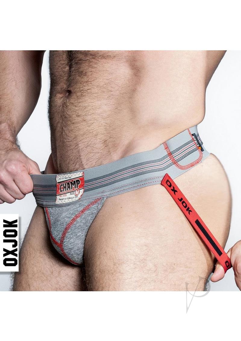 Model wearing Champ Vintage Sweatshirt Jock Gray Heather XXLarge showcasing the unique Y-CUT design and plush pouch.