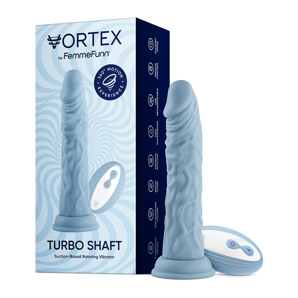 FemmeFunn Vortex Turbo Shaft 2.0 8 inches Silicone Vibrating Rotating Dildo Light Blue