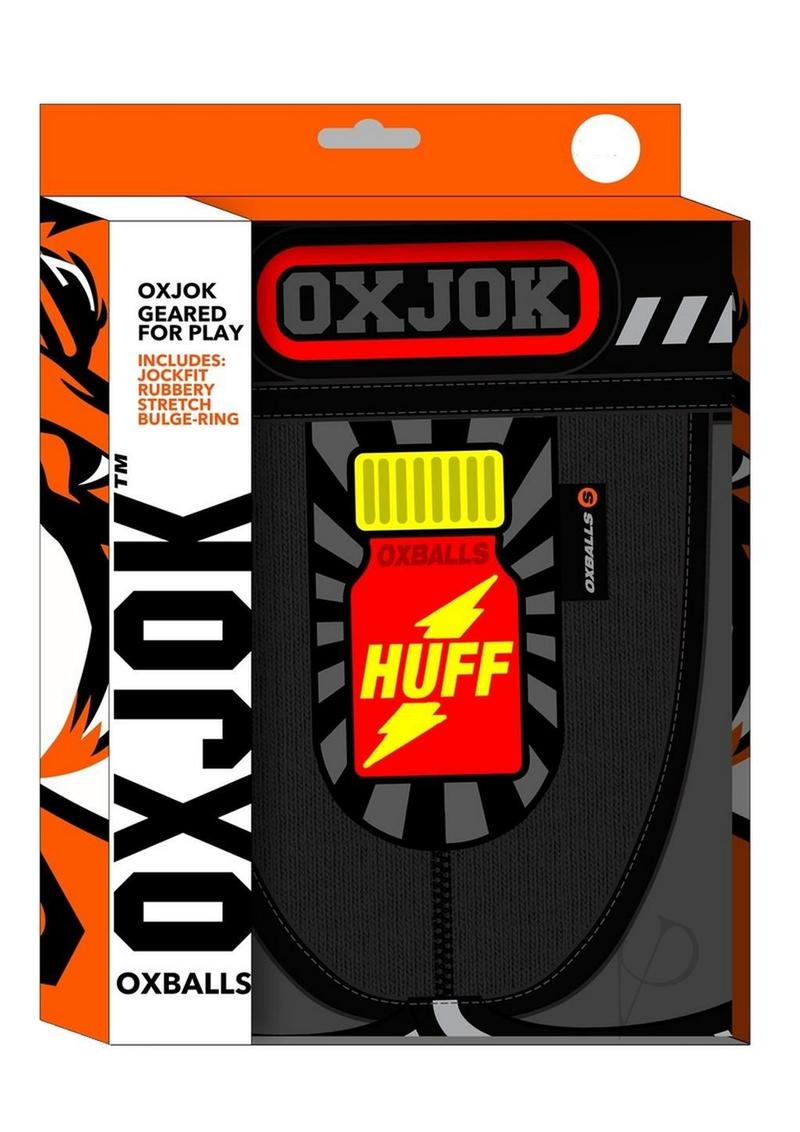 Popper Jock 3D Rubber Huffer Jock Black Red XXLarge packaging from Oxballs with bold design and playful graphics.