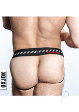 Popper Jock 3D Rubber Huffer Jock Black Red XXLarge shown from the back, highlighting the elastic waistband and contouring design.