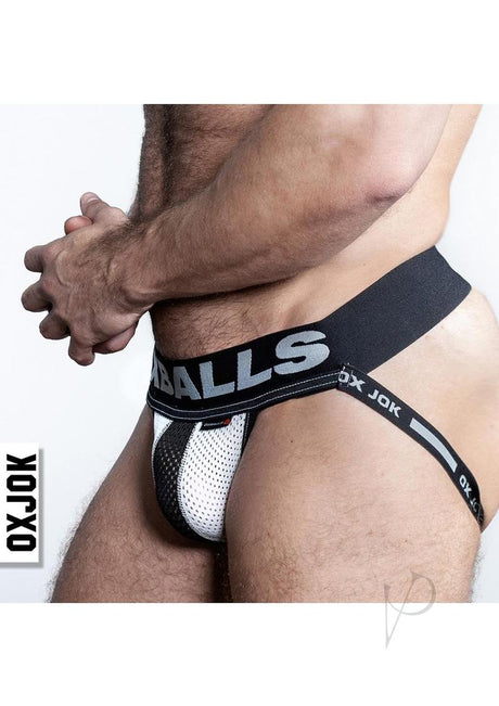 Airmesh Swagger Jock Ice White Large worn by a model, showcasing breathable mesh comfort and stylish design from Oxballs.
