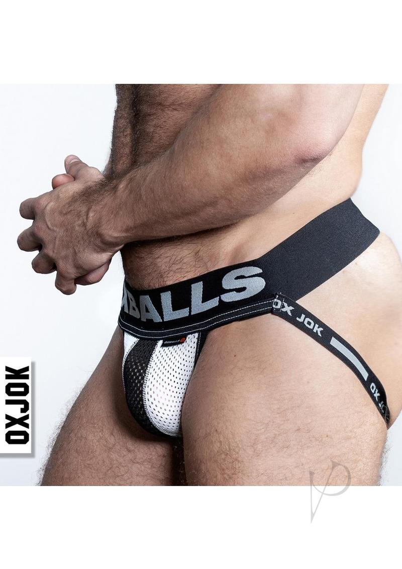 Oxballs Airmesh Swagger Jock Ice White Medium showcasing breathable mesh design and comfort fit on model.