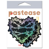 Pastease Barbed Wire Heart Pasties Reflective Nipple Covers packaging featuring a bold heart design with holographic finish.
