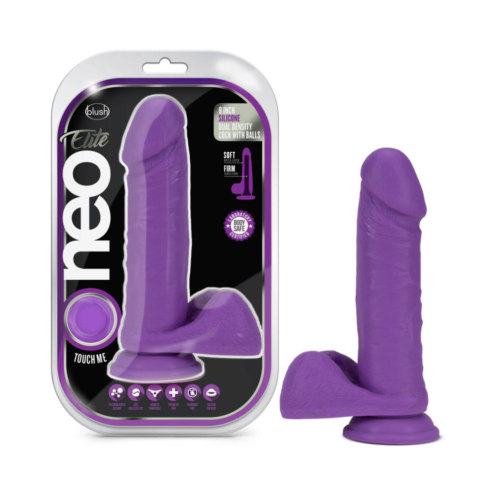 Blush Neo Elite 8 inches Silicone Dual Density Dildo With Balls & Suction Cup Neon Purple