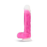 Neo Elite Roxy 8 inch Silicone Gyrating Dildo with Balls Pink in a side view display, showcasing its realistic design.