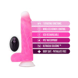 Neo Elite Roxy 8 inch Silicone Gyrating Dildo with Balls Pink with features like wireless remote and waterproof design.