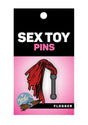 WoodRocket Flogger Enamel Pin Red Grey displayed on packaging with sex toy pins branding.