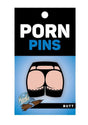 WoodRocket Butt Enamel Pin Black/Vanilla on a packaging featuring a humorous butt illustration.