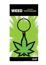 Leaf Green Weed Keychain Green Black on a vibrant green packaging with bold text and a graphic of a pot leaf.