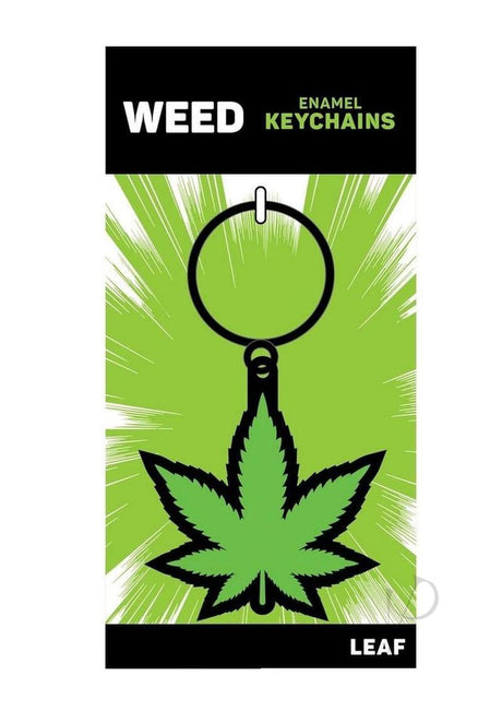Leaf Green Weed Keychain Green Black on a vibrant green packaging with bold text and a graphic of a pot leaf.