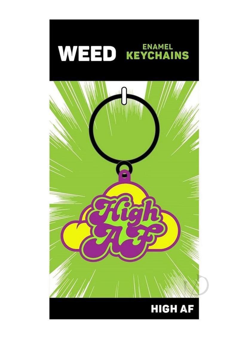 High AF Weed Enamel Keychain Green Purple Yellow against a bright green background with comic-style graphics.