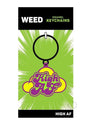 High AF Weed Enamel Keychain Green Purple Yellow against a bright green background with comic-style graphics.