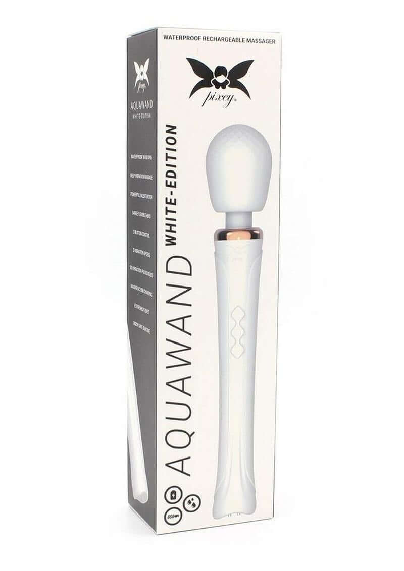 Pixey Aquawand Rechargeable Silicone Body Wand White elegantly designed packaging with waterproof features and adjustable controls.