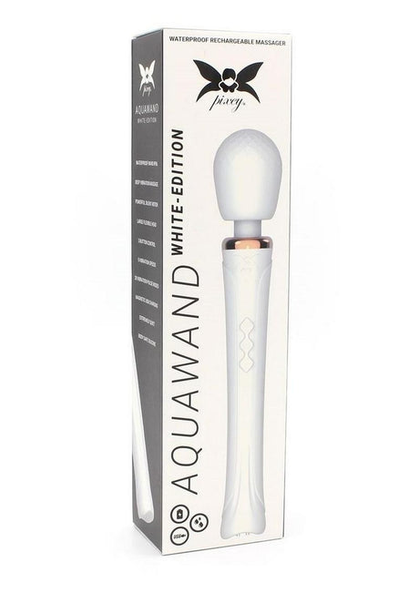Pixey Aquawand Rechargeable Silicone Body Wand White elegantly designed packaging with waterproof features and adjustable controls.