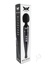 Pixey Deluxe Rechargeable Wand Massager Black Chrome in sleek packaging showcasing its powerful features.