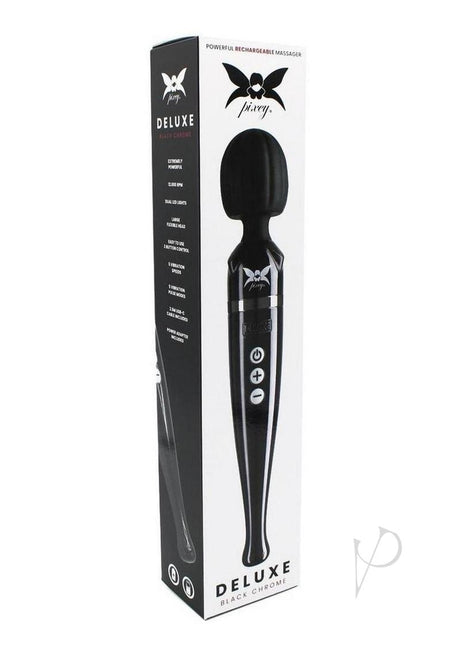 Pixey Deluxe Rechargeable Wand Massager Black Chrome in sleek packaging showcasing its powerful features.