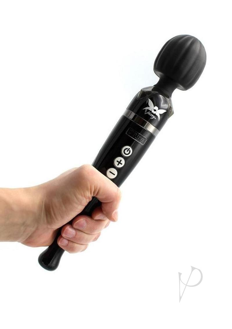 Pixey Deluxe Rechargeable Wand Massager Black Chrome held in hand, showcasing its cordless design and control buttons.