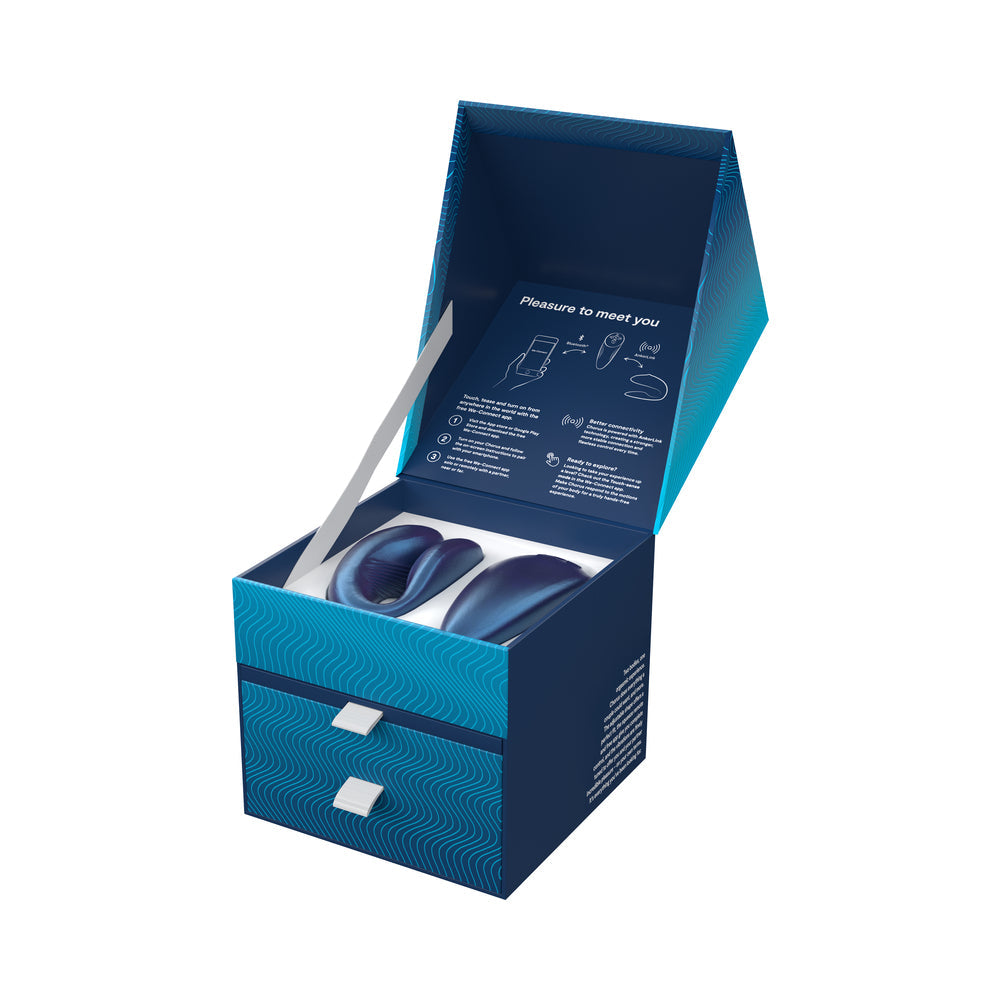 We-Vibe Chorus Couples Massager Cosmic Blue product packaging with instructions and drawer design.